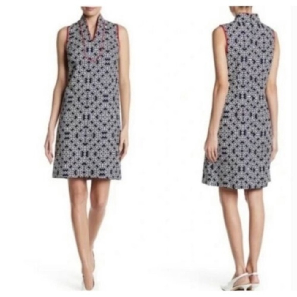 Eliza J Mandarin Collar Blue White Shift Dress Size 6